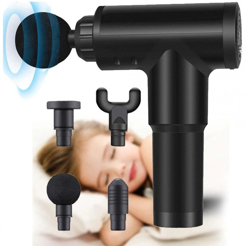Pistol de masaj cu 4 capete interschimbabile, 6 viteze, autonomie 4h, 24W, 3400 RPM, negru