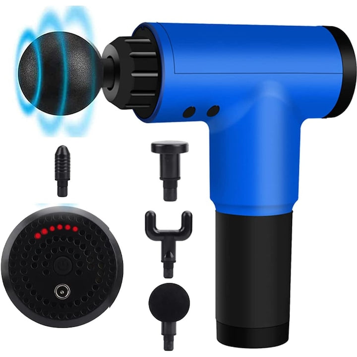 Pistol de masaj cu 4 capete schimbabile, 6 viteze, 24W, 3400 RPM, Albastru