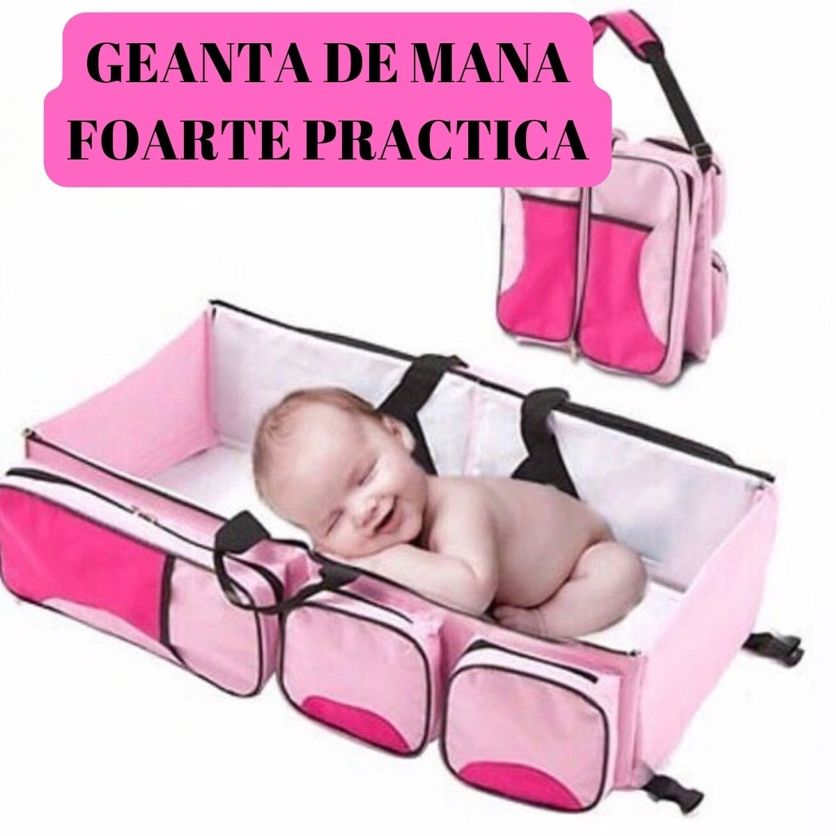 Genta maternitate 2 in 1, pat bebe, impermeabila, compartimente multiple, roz