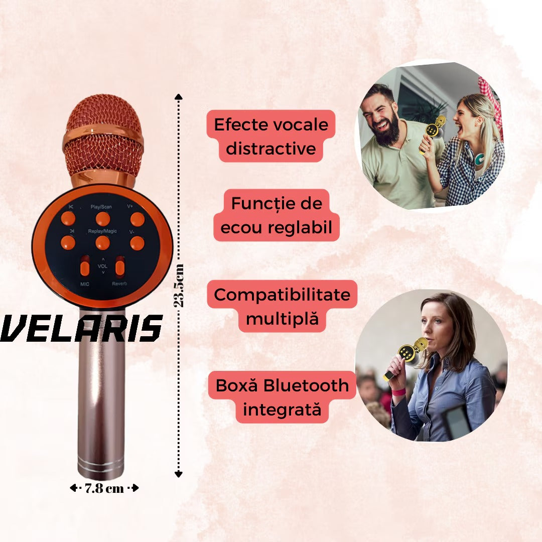 Microfon Karaoke Wireless cu Boxa si Bluetooth V11, Portabil, Difuzor Profesional, Baterie Integrata, Roz Gold