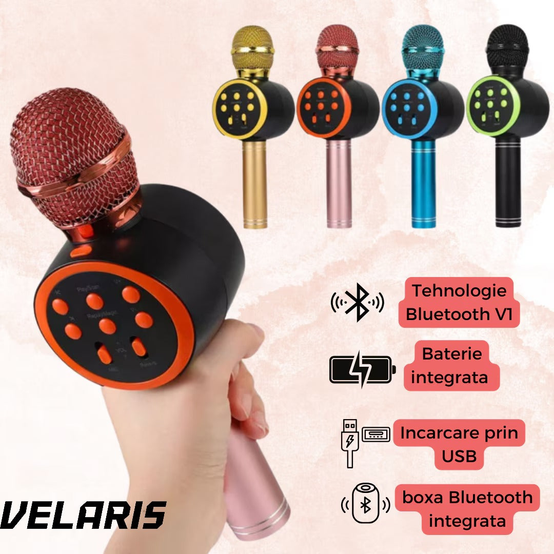 Microfon Karaoke Wireless cu Boxa si Bluetooth V11, Portabil, Difuzor Profesional, Baterie Integrata, Roz Gold