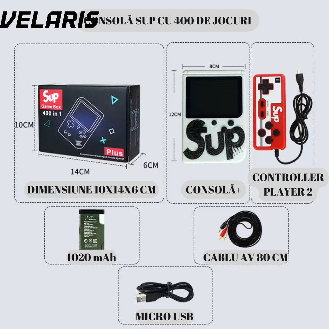Mini Consola Retro Portabila cu 400 Jocuri, 2 Jucatori, LCD Color 3 Inch, Baterie Reincarcabila, Conectare la Televizor, Culoare Rosu/Alb