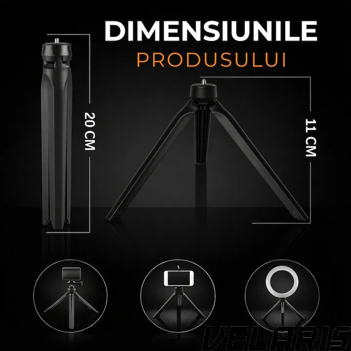 Mini Trepied pentru Telefon, Aparate Foto si Video cu Lampi Circulare, Portabil, Pliabil, Ergonomic, Negru
