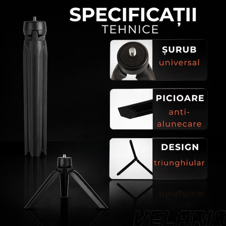 Mini Trepied pentru Telefon, Aparate Foto si Video cu Lampi Circulare, Portabil, Pliabil, Ergonomic, Negru