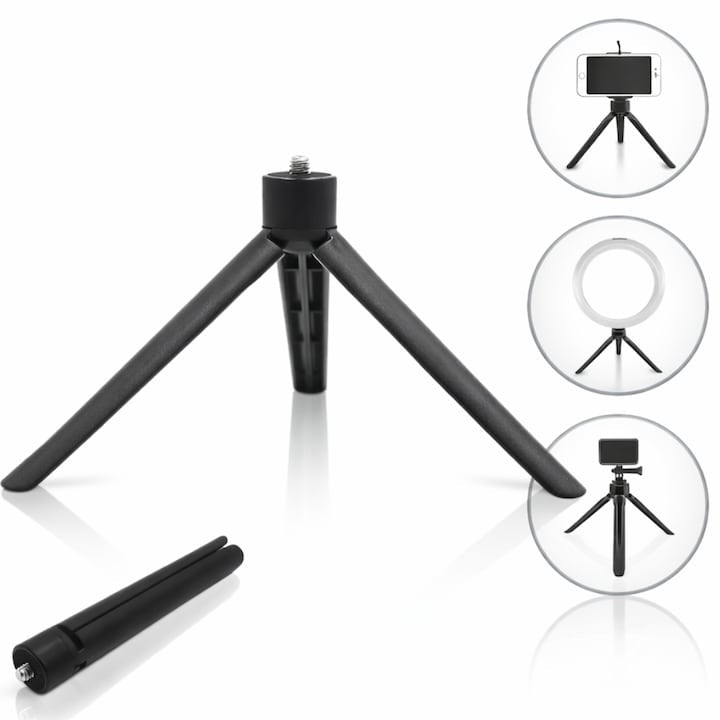 Mini trepied cu lumini circulare pentru telefon și cameră, portabil, pliabil, negru