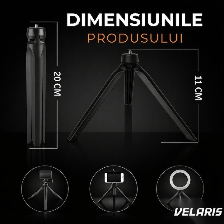 Mini trepied cu lumini circulare pentru telefon și cameră, portabil, pliabil, negru