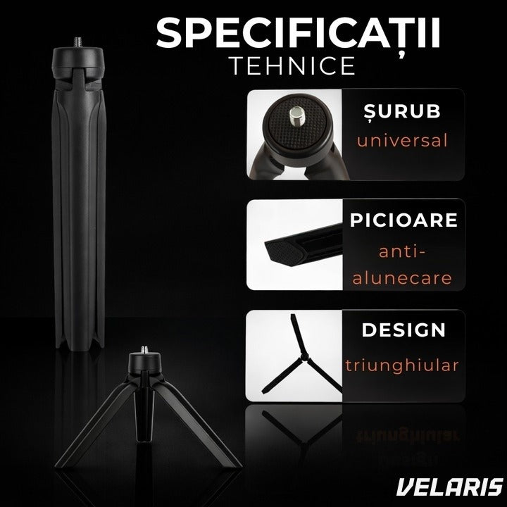 Mini trepied cu lumini circulare pentru telefon și cameră, portabil, pliabil, negru