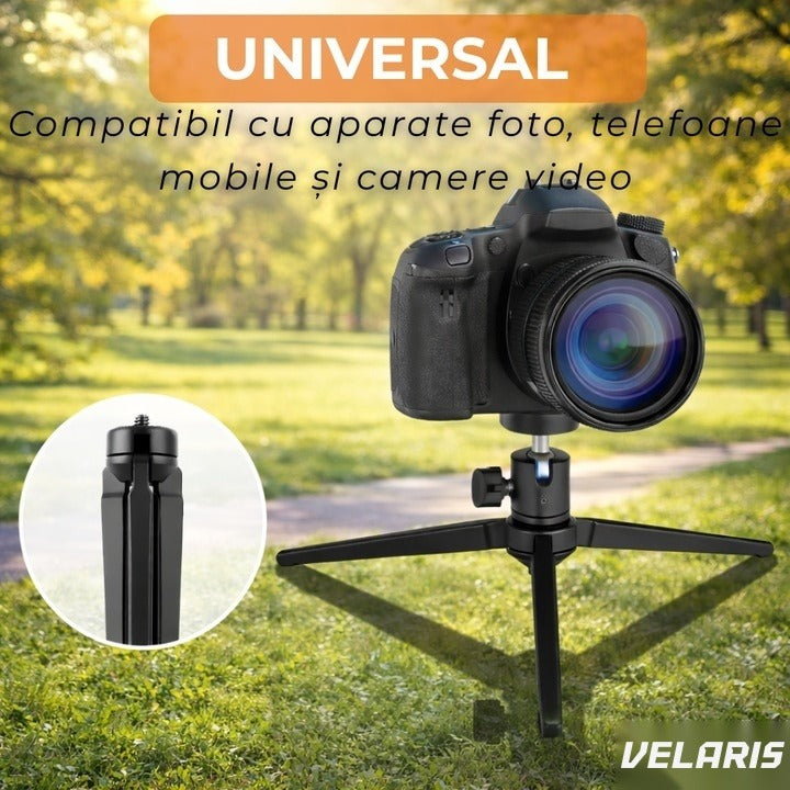 Mini trepied cu lumini circulare pentru telefon și cameră, portabil, pliabil, negru