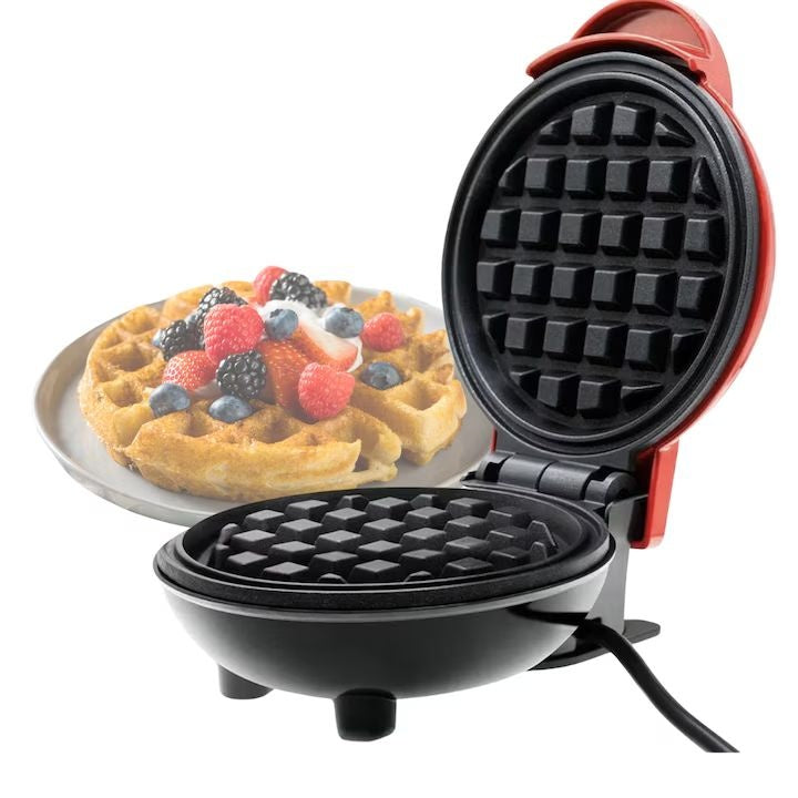 Mini aparat de waffle cu plăci antiaderente, indicator luminos, design compact, roșu