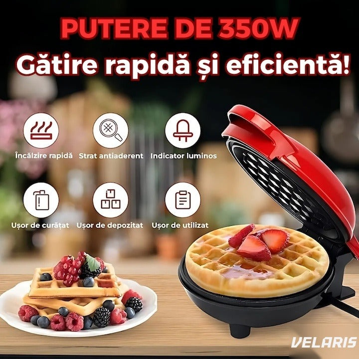 Mini aparat de waffle cu plăci antiaderente, indicator luminos, design compact, roșu