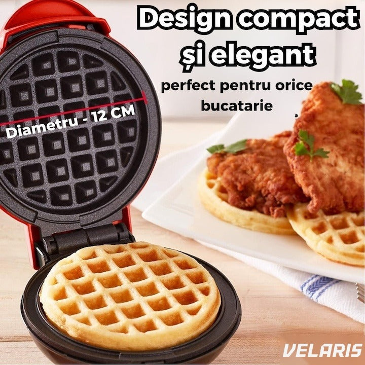 Mini aparat de waffle cu plăci antiaderente, indicator luminos, design compact, roșu