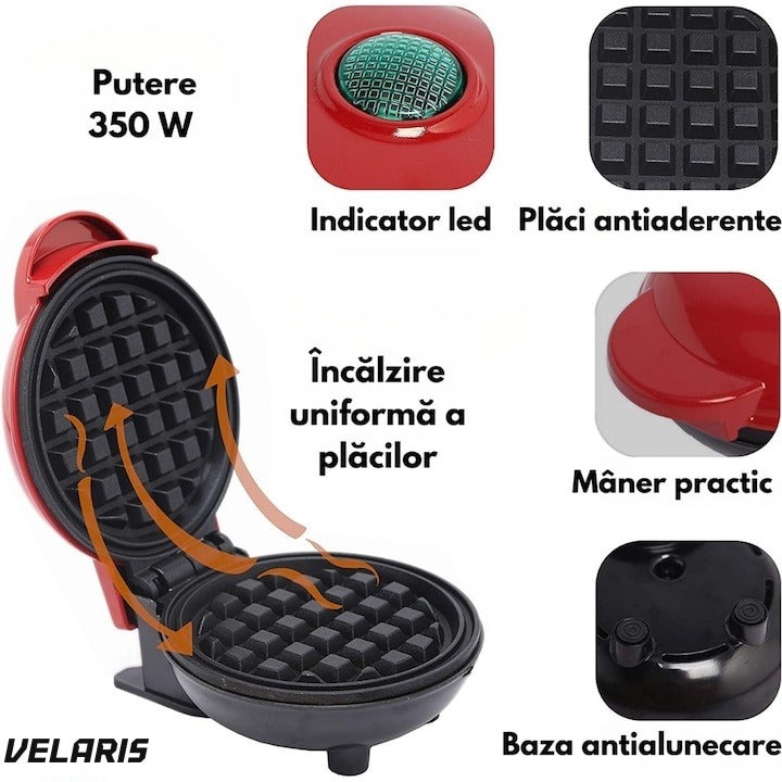 Mini aparat de waffle cu plăci antiaderente, indicator luminos, design compact, roșu