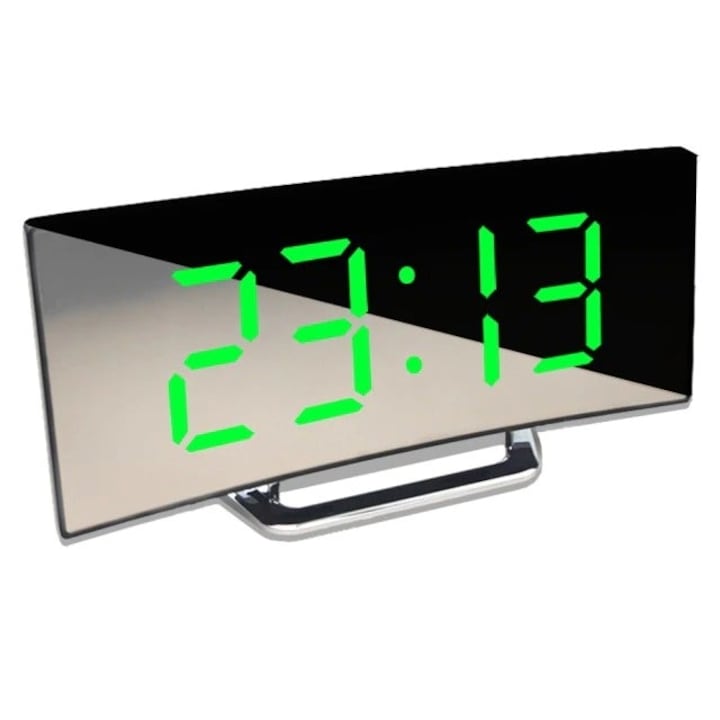 Ceas de birou cu ecran LED curbat, DT-6507, cu afișare temperatură, verde
