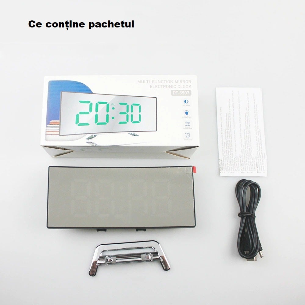 Ceas de birou cu ecran LED curbat, DT-6507, cu afișare temperatură, verde