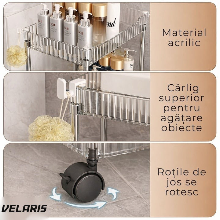 Raft mobil cu 3 rafturi acrilice transparente și roți, 41 x 16 x 60 cm