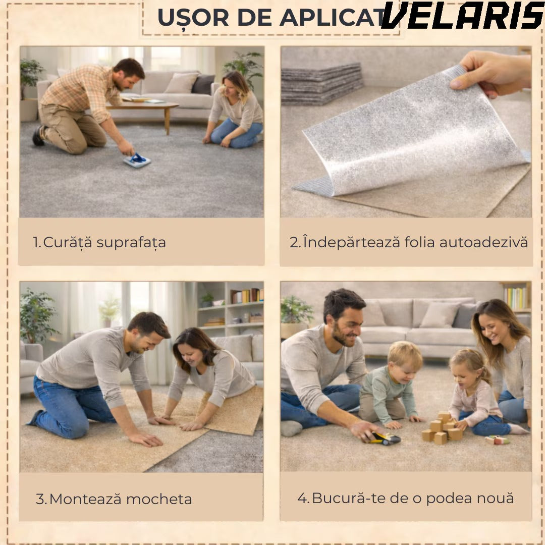 Mocheta scari dale autoadezive 60x60 cm, 1 buc. mocheta textila, ajustabila, montaj rapid fara unelte, curatare usoara, potrivita pentru scari, camera copiilor, dressing, aplicare rapida