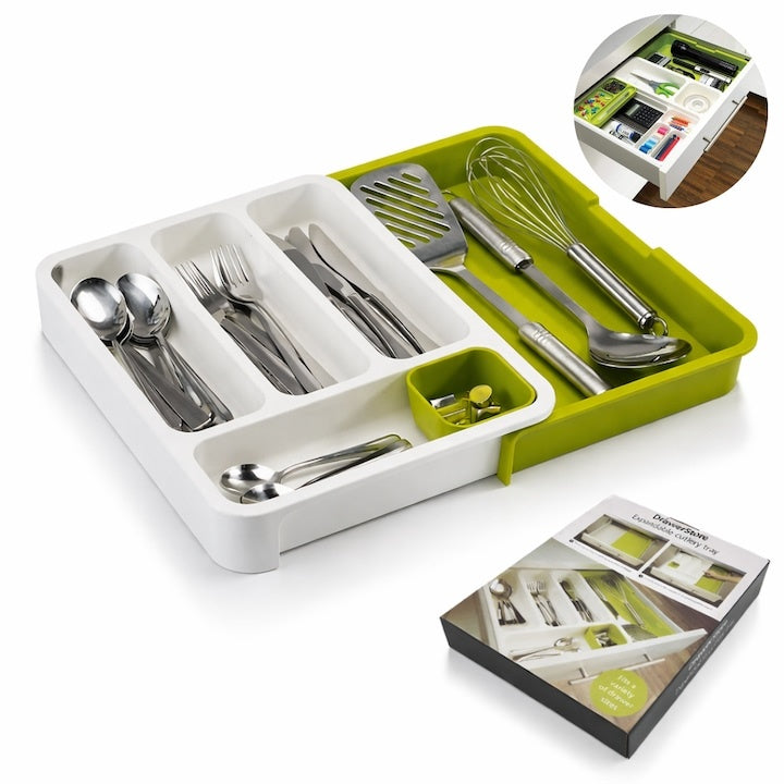 Organizator extensibil pentru tacâmuri, 29-48 cm, ABS, alb-verde