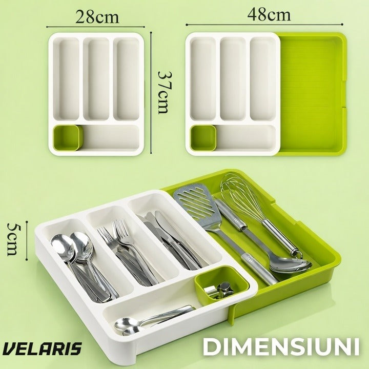 Organizator extensibil pentru tacâmuri, 29-48 cm, ABS, alb-verde
