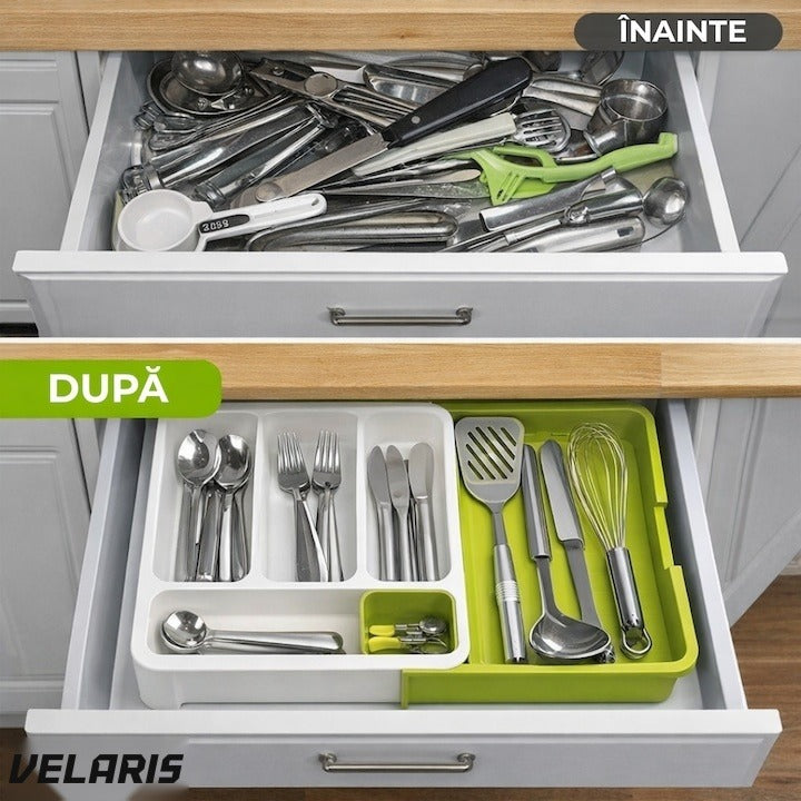 Organizator extensibil pentru tacâmuri, 29-48 cm, ABS, alb-verde