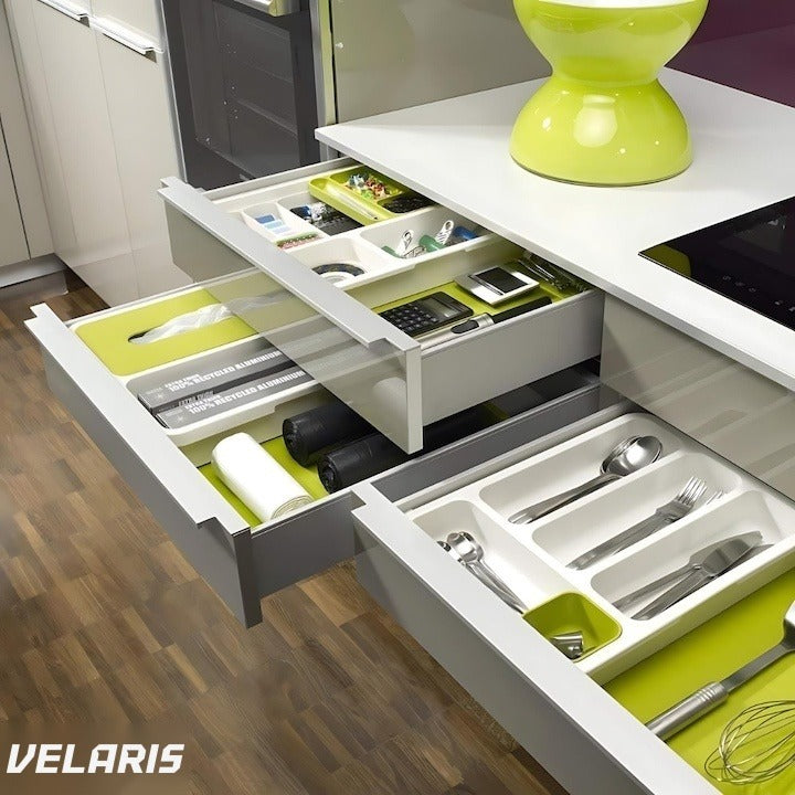 Organizator extensibil pentru tacâmuri, 29-48 cm, ABS, alb-verde