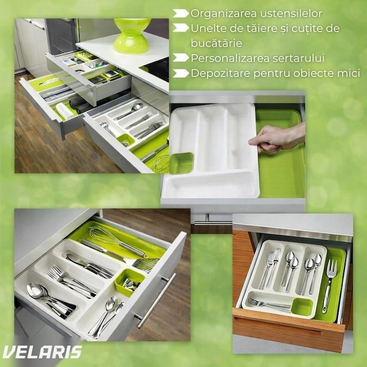 Organizator extensibil pentru tacâmuri, 29-48 cm, ABS, alb-verde