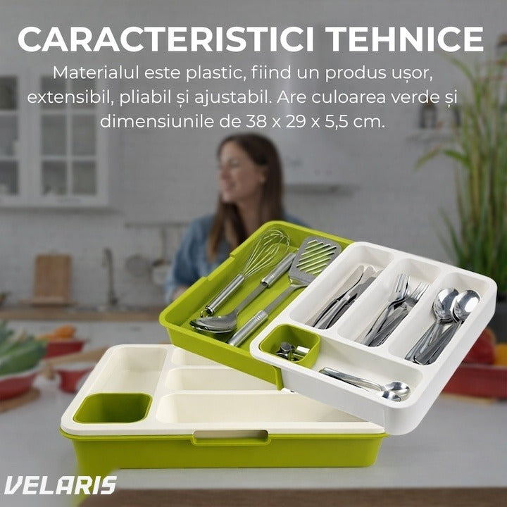 Organizator extensibil pentru tacâmuri, 29-48 cm, ABS, alb-verde