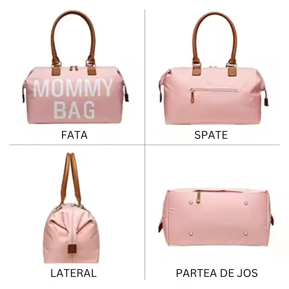Geantă mamă cu 2 gentuțe incluse, compartimente multiple, roz, 43x23x30 cm
