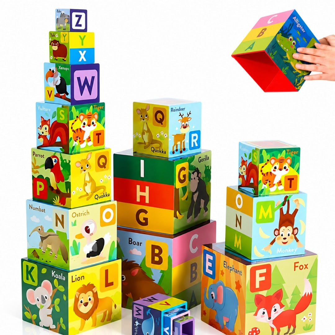 Turn Montessori 10 cuburi, joc educativ, alfabetul și animale, lemn calitativ