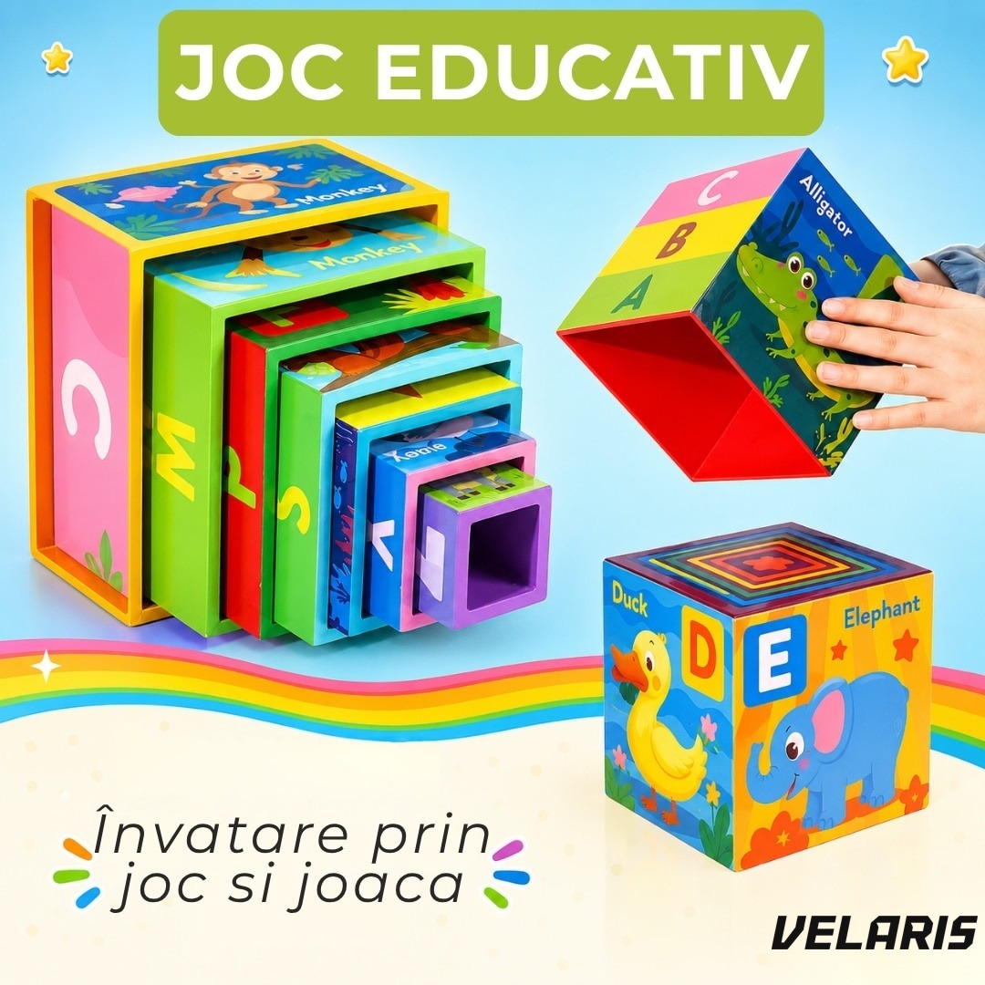 Turn Montessori 10 cuburi, joc educativ, alfabetul și animale, lemn calitativ
