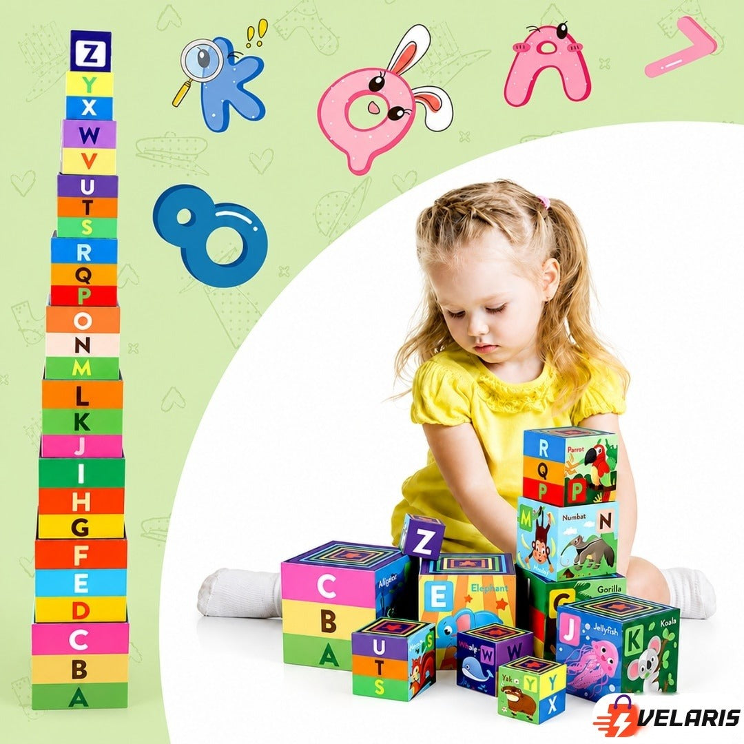 Turn Montessori 10 cuburi, joc educativ, alfabetul și animale, lemn calitativ