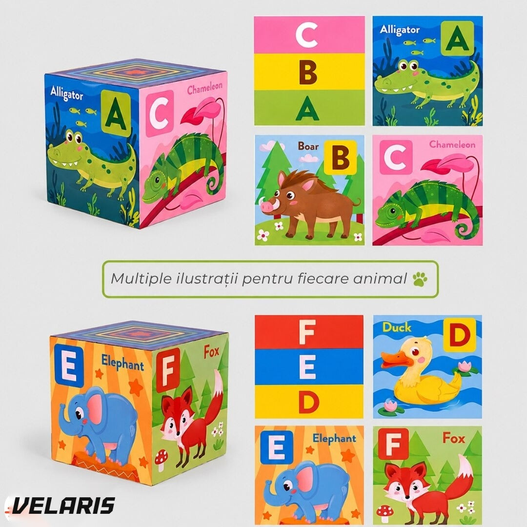 Turn Montessori 10 cuburi, joc educativ, alfabetul și animale, lemn calitativ
