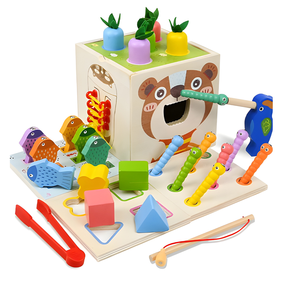 Cub Montessori lemn, jucărie educativă cu legume, joc nasturi, pescuit, șirete