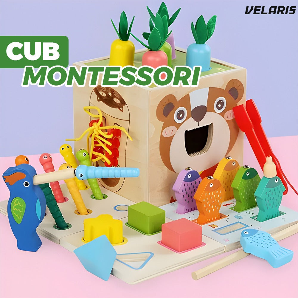 Cub Montessori lemn, jucărie educativă cu legume, joc nasturi, pescuit, șirete
