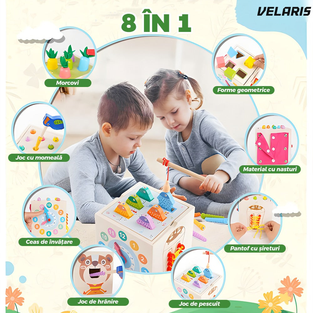 Cub Montessori lemn, jucărie educativă cu legume, joc nasturi, pescuit, șirete