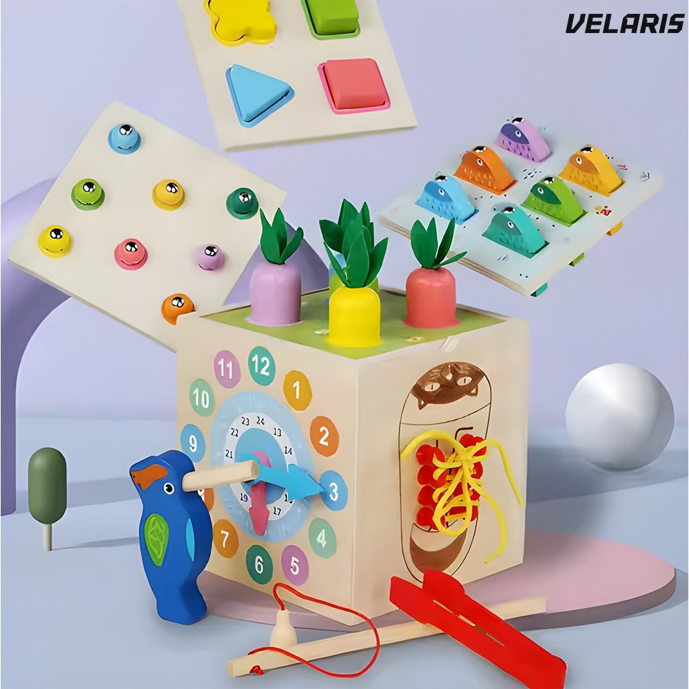Cub Montessori lemn, jucărie educativă cu legume, joc nasturi, pescuit, șirete