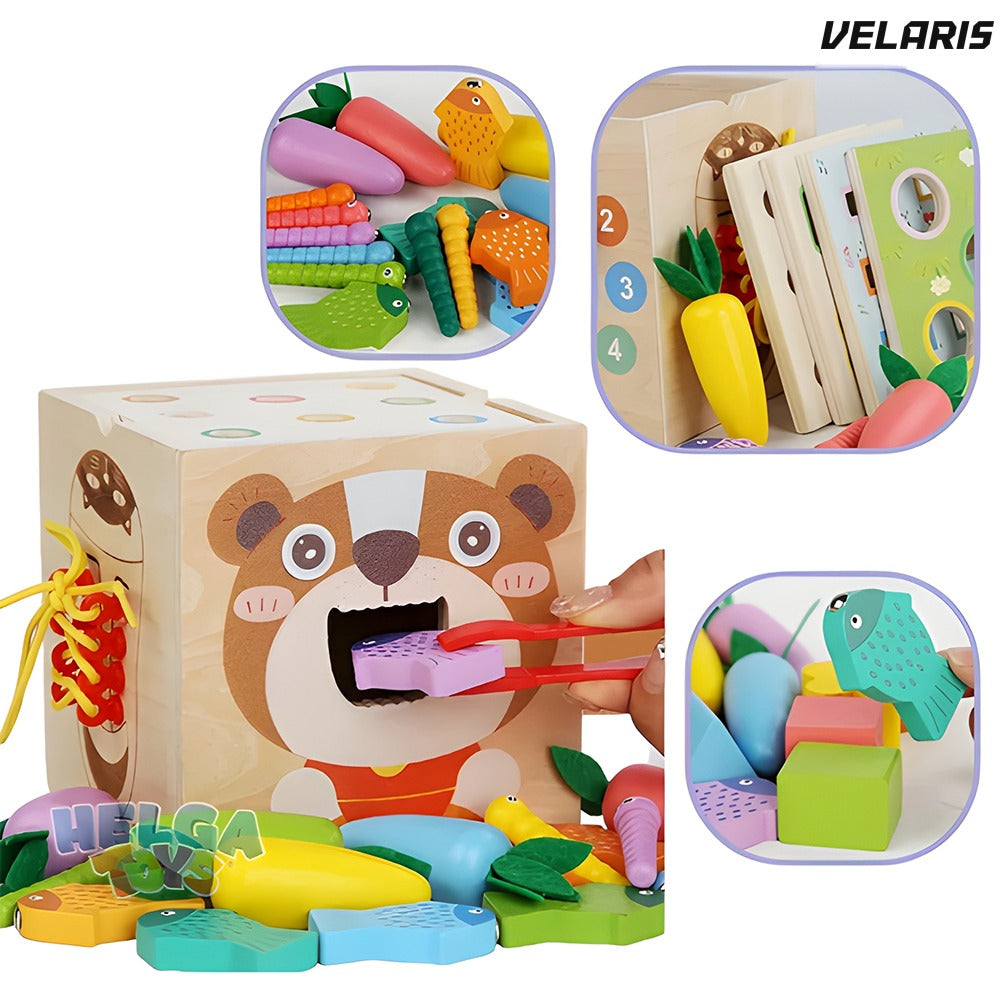 Cub Montessori lemn, jucărie educativă cu legume, joc nasturi, pescuit, șirete