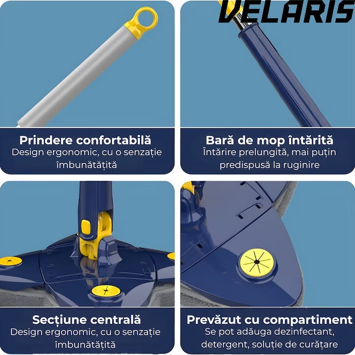 Mop cu Cap Stea 360° Telescopic Curatare Usoara, 2 lavete Microfibra, Lungime 123 cm, Albastru/Galben