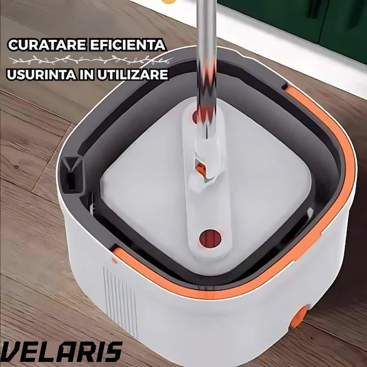 Mop Rotativ cu Galeata, 2 lavete microfibra, functie de autocuratare, Rotatie 360°, Stoarcere Automata, Gri Deschis