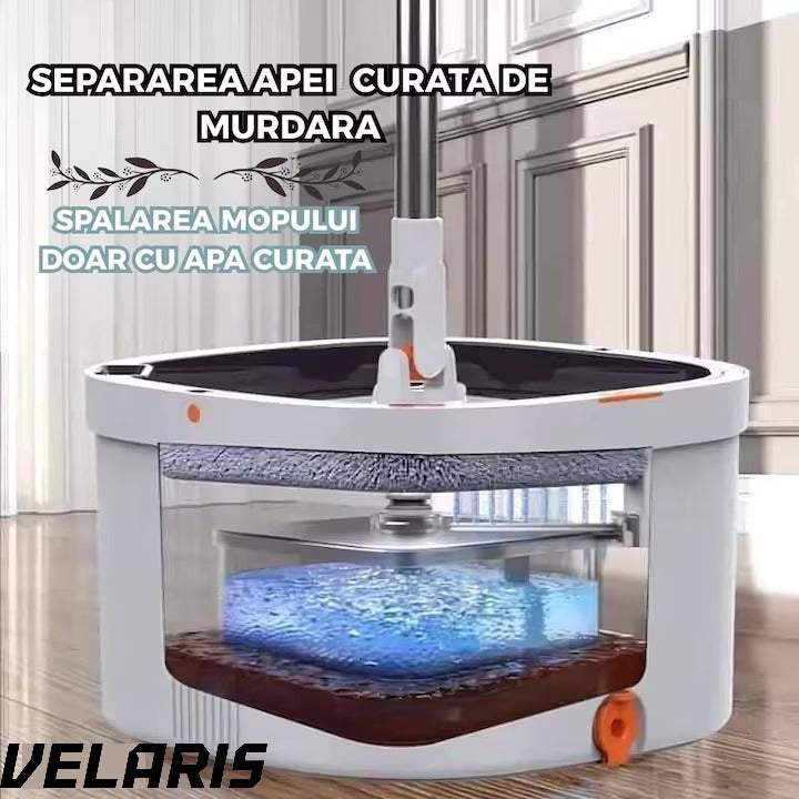 Mop Rotativ cu Galeata, 2 lavete microfibra, functie de autocuratare, Rotatie 360°, Stoarcere Automata, Gri Deschis