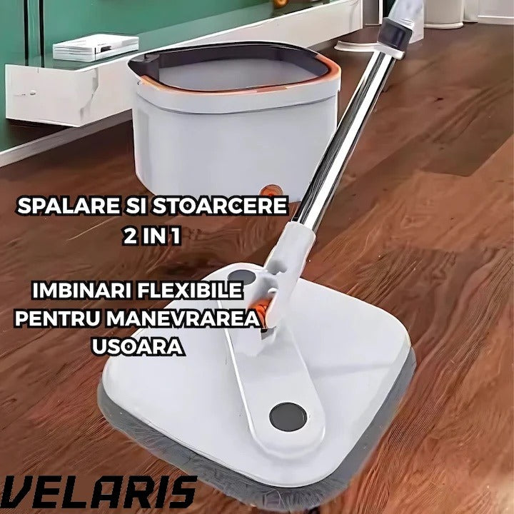 Mop Rotativ cu Galeata, 2 lavete microfibra, functie de autocuratare, Rotatie 360°, Stoarcere Automata, Gri Deschis