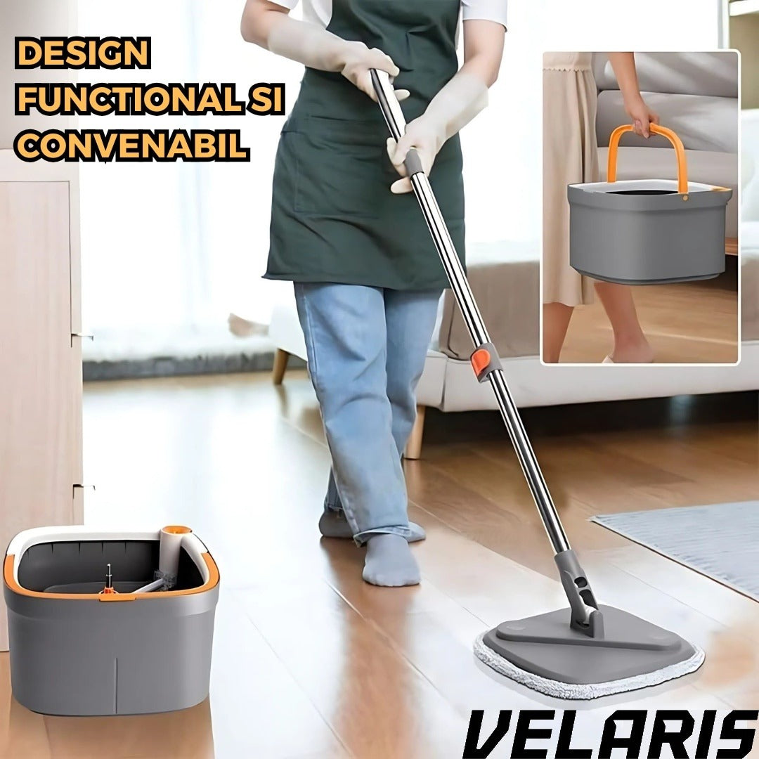 Mop Rotativ cu Galeata, 2 lavete microfibra, functie de autocuratare, Rotatie 360°, Stoarcere Automata, Gri Inchis