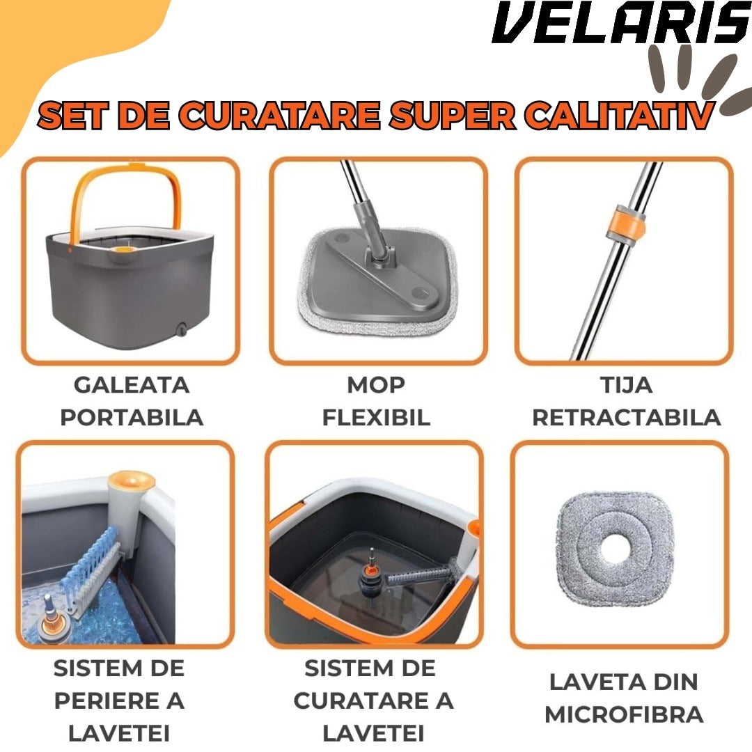 Mop Rotativ cu Galeata, 2 lavete microfibra, functie de autocuratare, Rotatie 360°, Stoarcere Automata, Gri Inchis