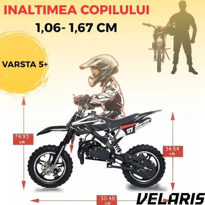 Motocicleta cross pentru copii 49cc cu roti groase pornire usoara si motor pe benzina ideala pentru off road, Negru