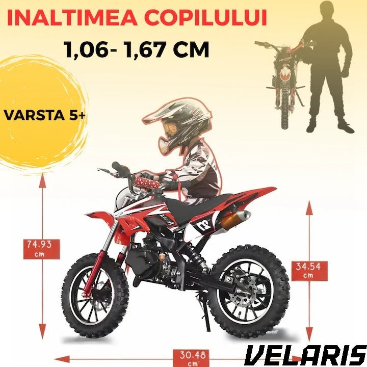 Motocicleta cross pentru copii 49cc cu roti groase pornire usoara si motor pe benzina ideala pentru off road, Rosu