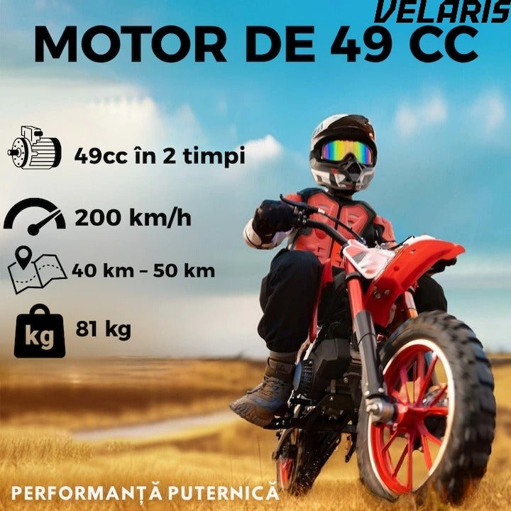 Motocicleta cross pentru copii 49cc cu roti groase pornire usoara si motor pe benzina ideala pentru off road, Rosu