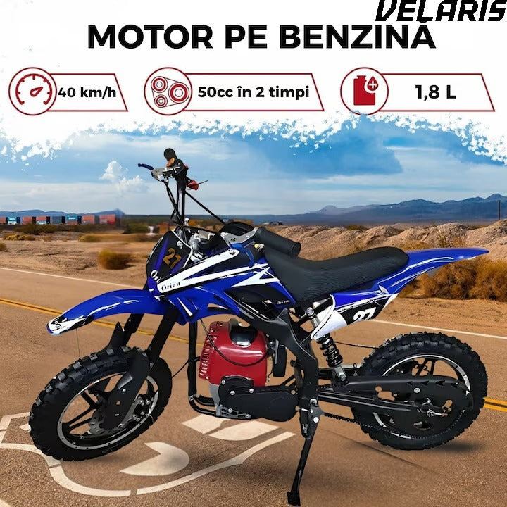 Motocicleta cross pentru copii 49cc cu roti groase pornire usoara si motor pe benzina ideala pentru off road, Albastru