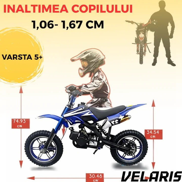 Motocicleta cross pentru copii 49cc cu roti groase pornire usoara si motor pe benzina ideala pentru off road, Albastru