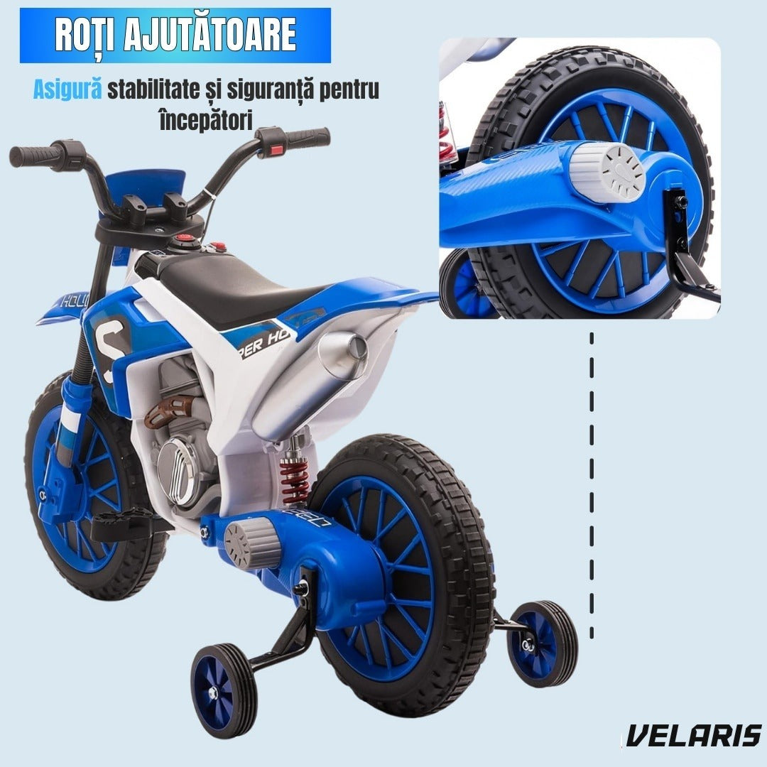 Motocicletă de jucărie cu roți ajutătoare, albastră