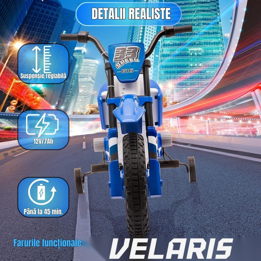 Motocicletă de jucărie cu roți ajutătoare, albastră