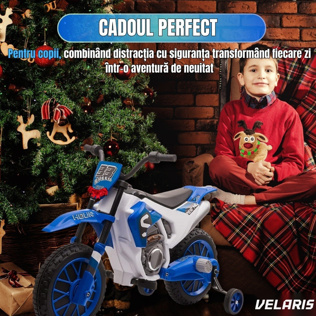 Motocicletă de jucărie cu roți ajutătoare, albastră